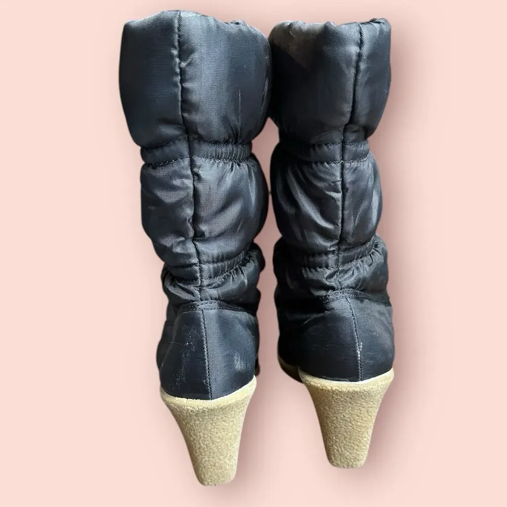 Vtg Y2k Black Puffer Wedge Winter Boots Size 7.5 Slip On Snow Bunny Baddie